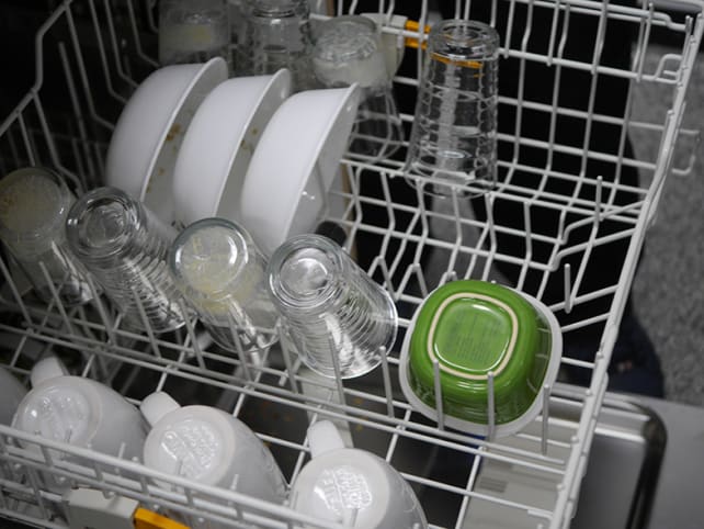 Dirty dishes in a dishwasher