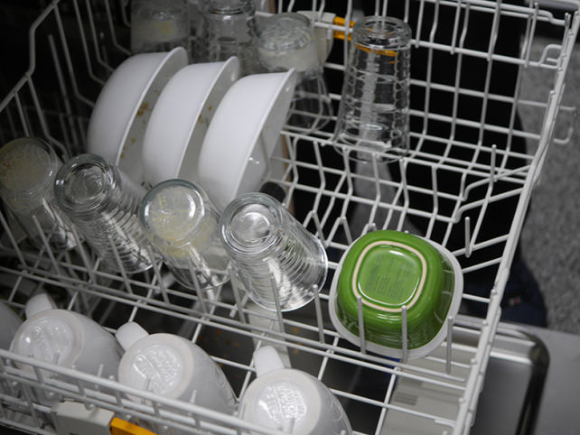 Dirty dishes in a dishwasher