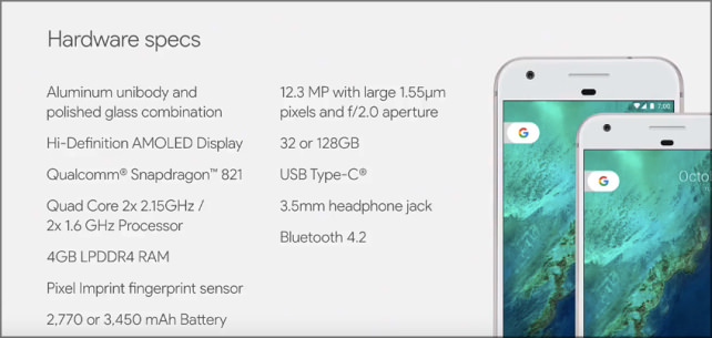 Google Pixel and Pixel XL Specs